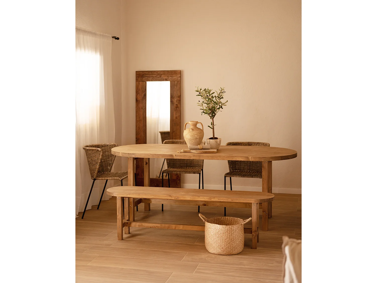 Mesa de comedor de madera maciza de abeto ovalada Decowood en tono roble oscuro de 180x80cm - OLIVIA - DECOWOOD