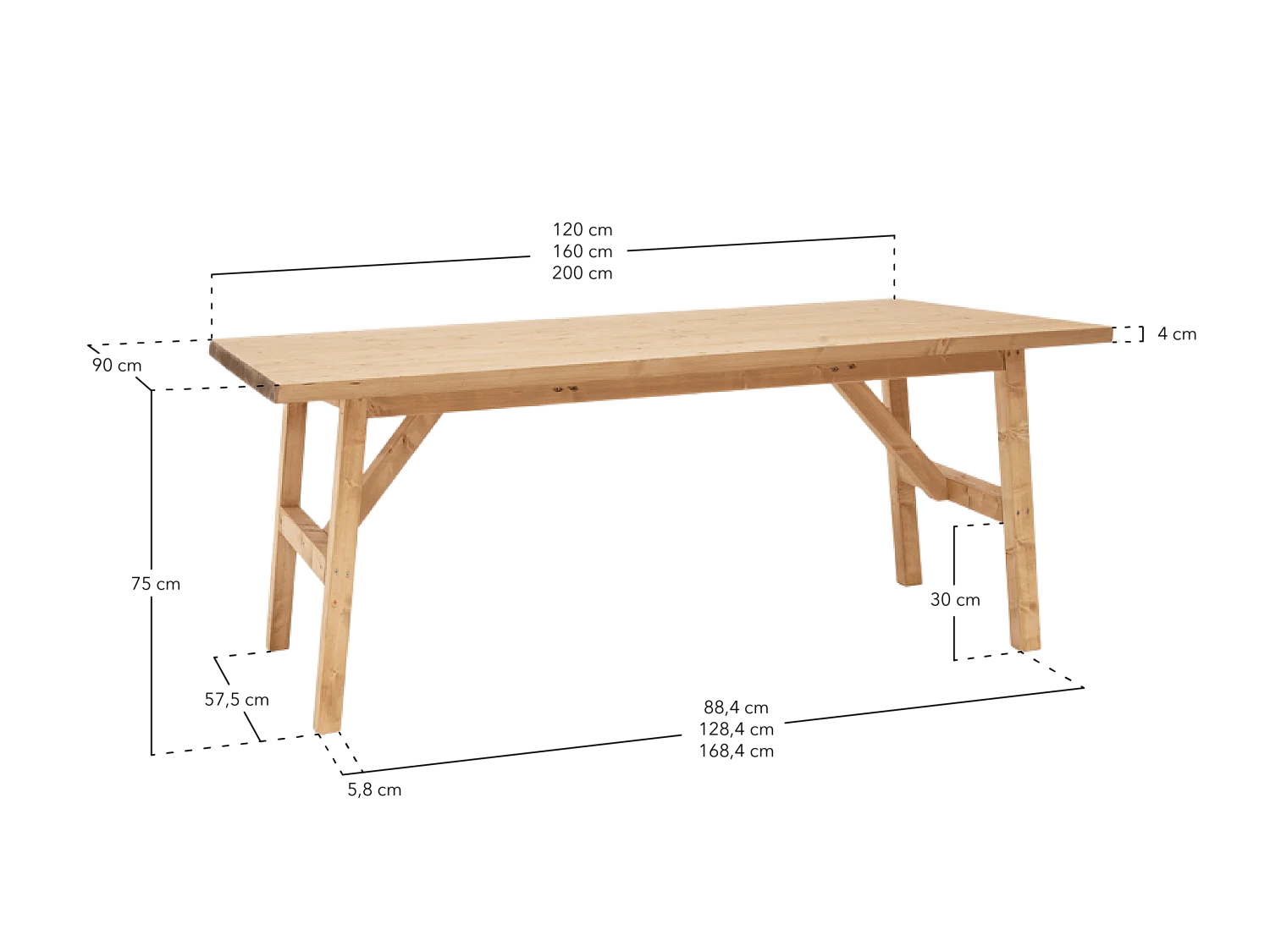 Mesa de comedor de madera maciza de abeto rectangular Decowood en tono blanco de 200x75cm - SIEP - DECOWOOD