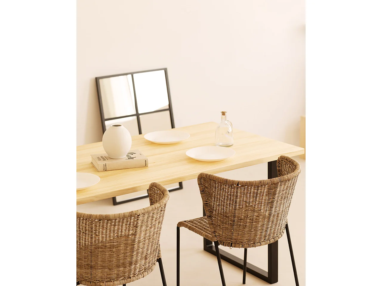 Table à manger en bois de pin naturel et noir 200x80cm