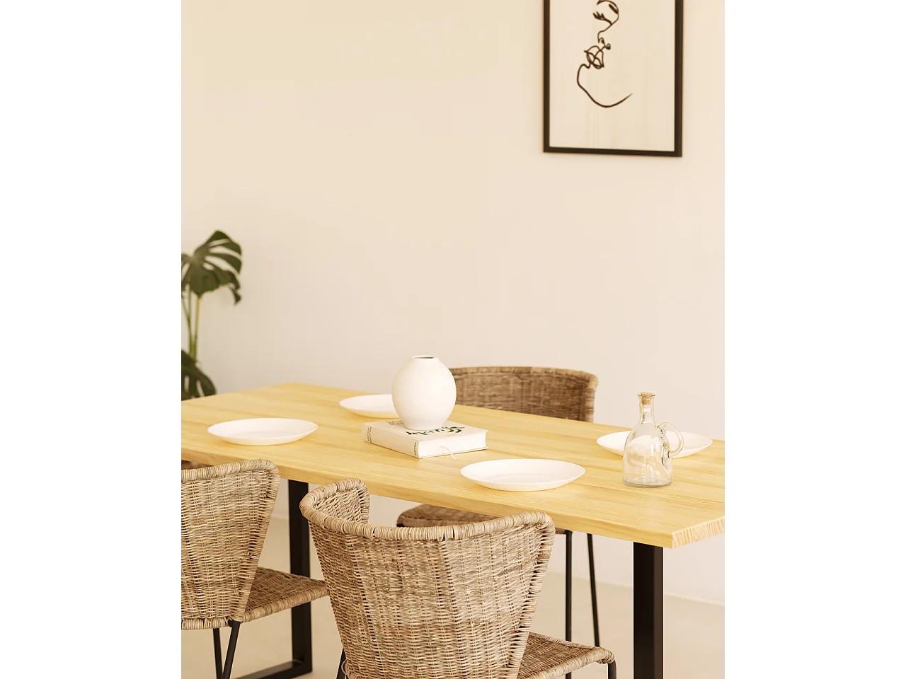 Table à manger en bois de pin naturel et noir 200x80cm