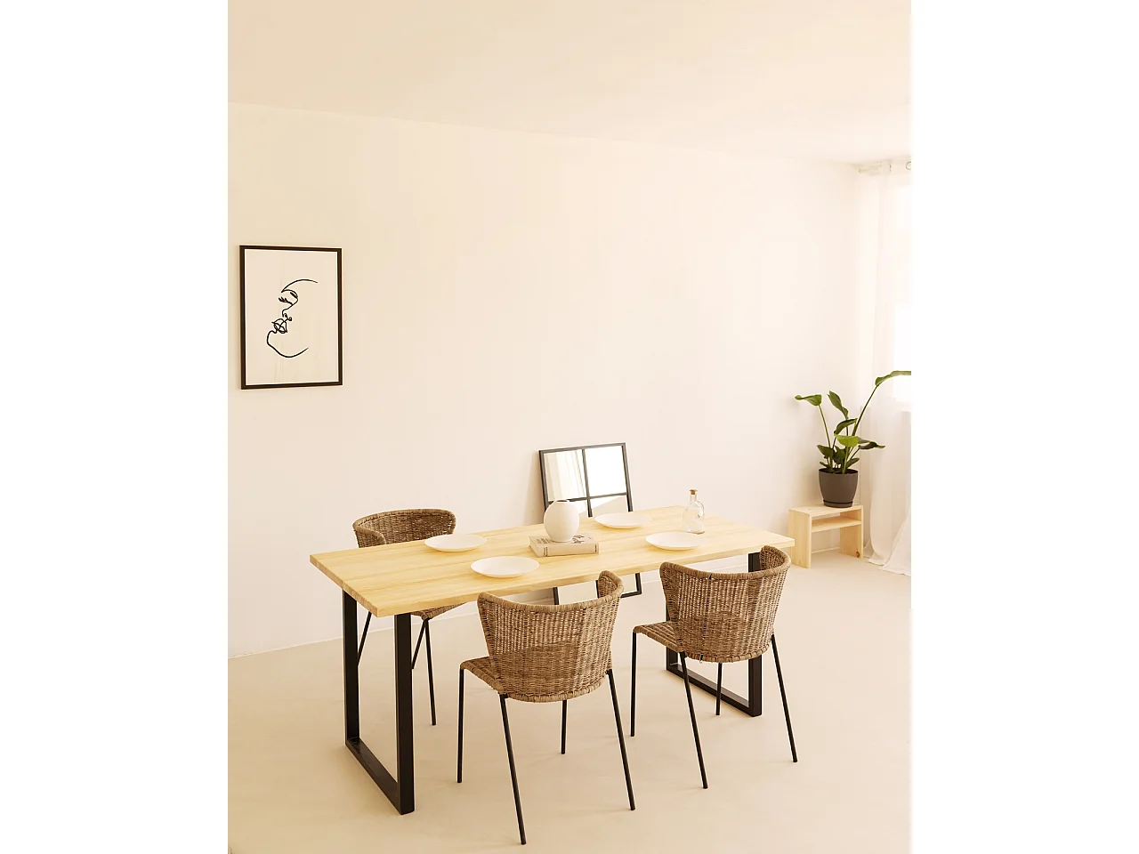 Table à manger en bois de pin naturel et noir 200x80cm