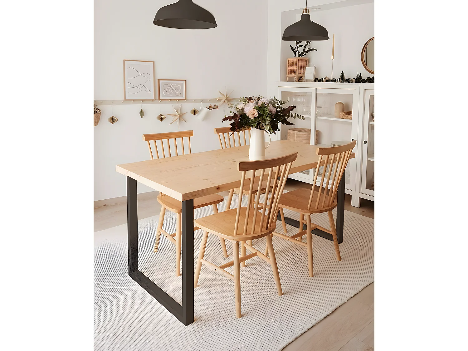 Table à manger en bois de pin naturel et noir 200x80cm