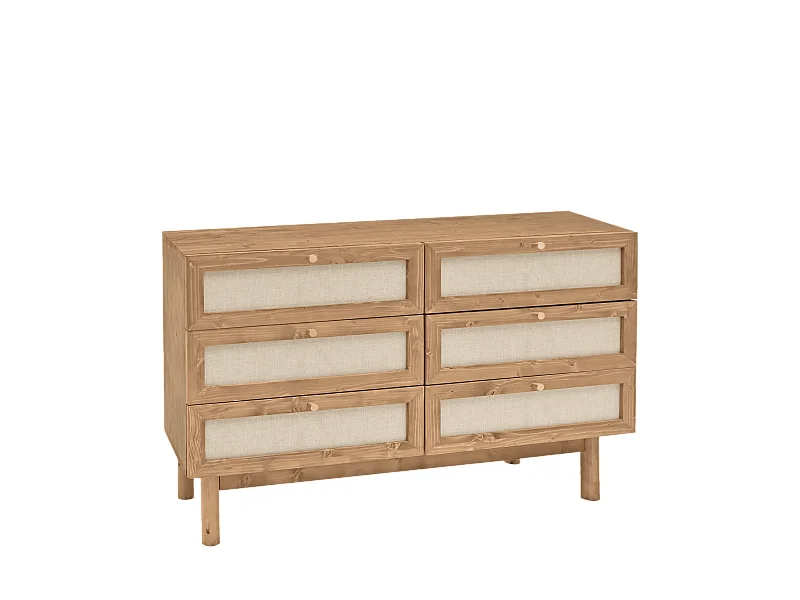 Commode en bois de sapin et lin à six tiroirs vieilli 76x120cm - LINEN - DECOWOOD