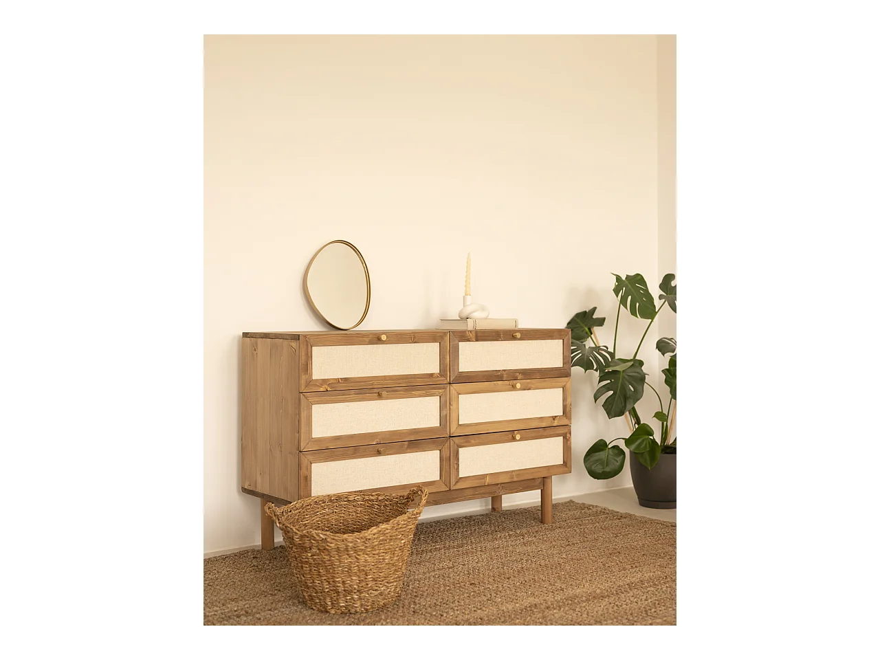 Commode en bois de sapin et lin à six tiroirs vieilli 76x120cm - LINEN - DECOWOOD