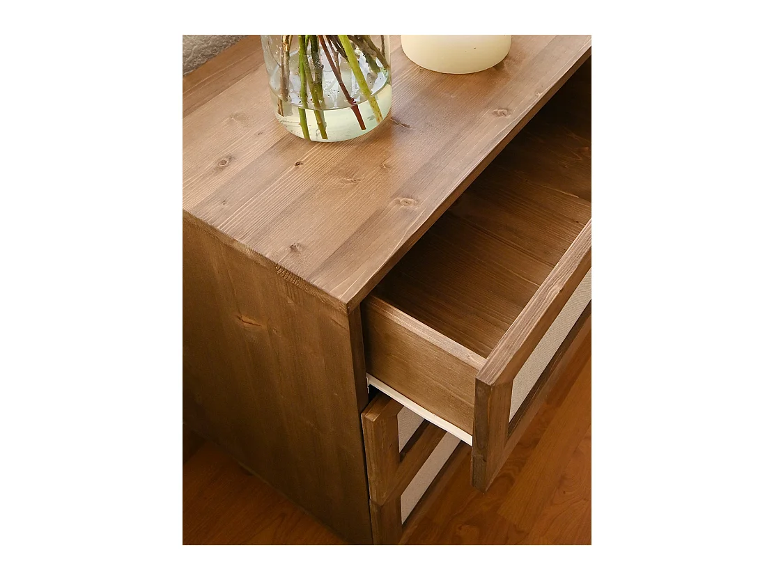 Commode en bois de sapin et lin à six tiroirs vieilli 76x120cm - LINEN - DECOWOOD