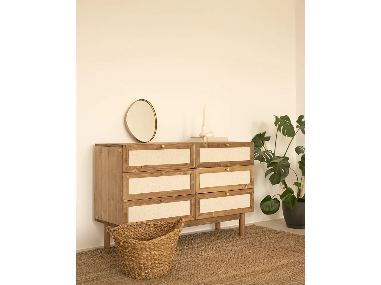 Commode en bois de sapin et lin à six tiroirs vieilli 76x120cm - LINEN - DECOWOOD