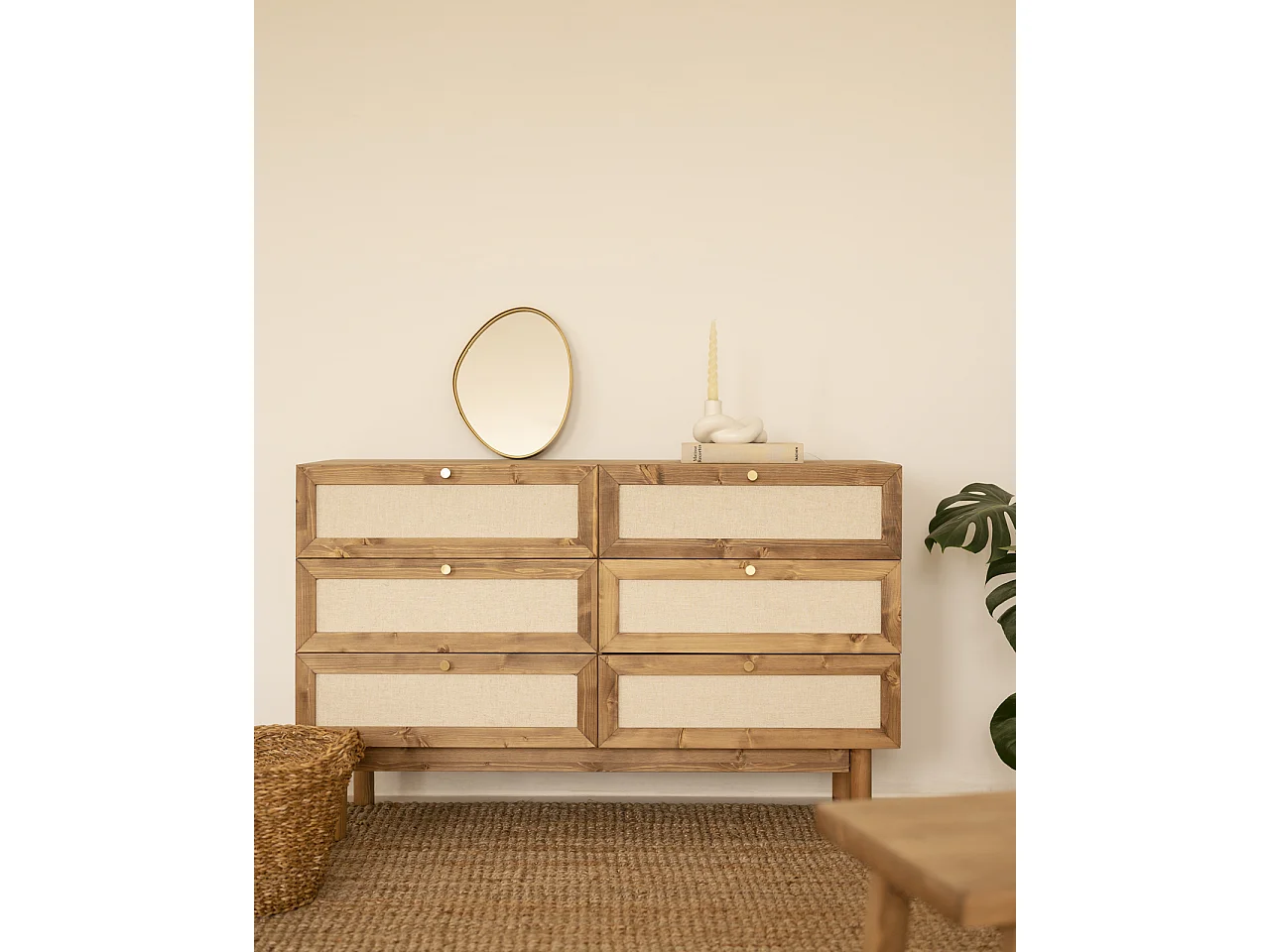 Commode en bois de sapin et lin à six tiroirs vieilli 76x120cm - LINEN - DECOWOOD