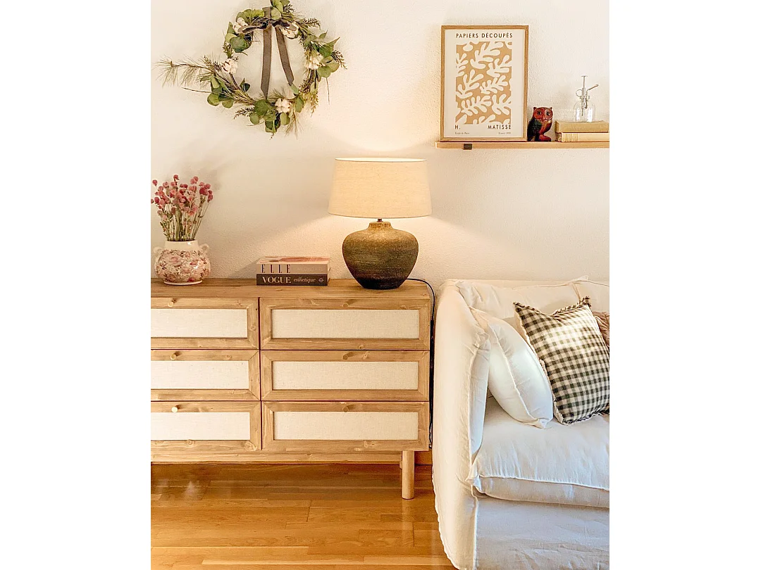 Commode en bois de sapin et lin à six tiroirs vieilli 76x120cm - LINEN - DECOWOOD