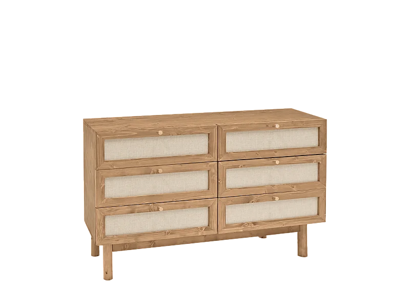Commode en bois de sapin et lin à six tiroirs vieilli 76x120cm - LINEN - DECOWOOD
