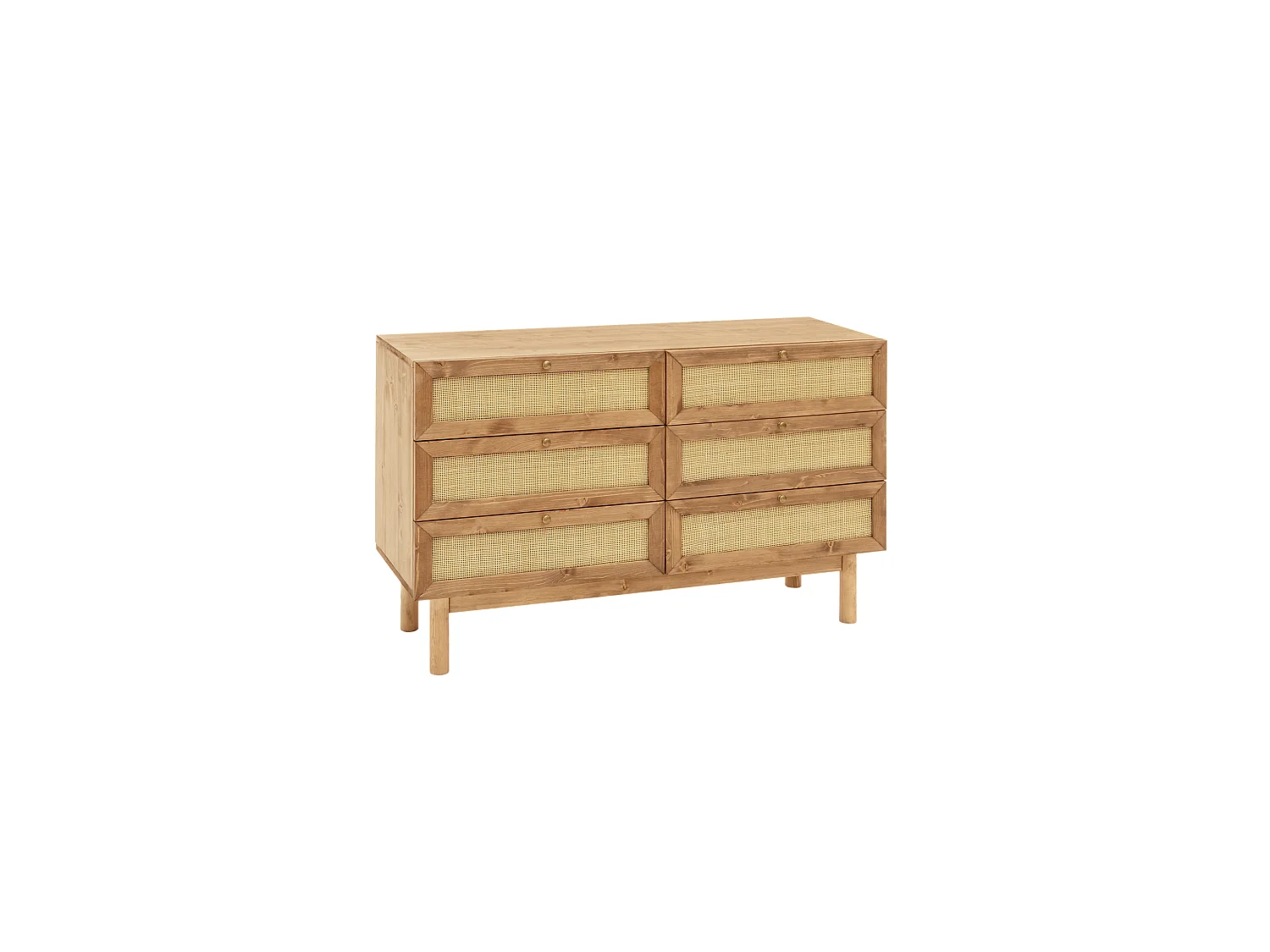 Cómoda de madera maciza y rafia con seis cajones en tono roble oscuro de 76x120cm - FRIDA - DECOWOOD