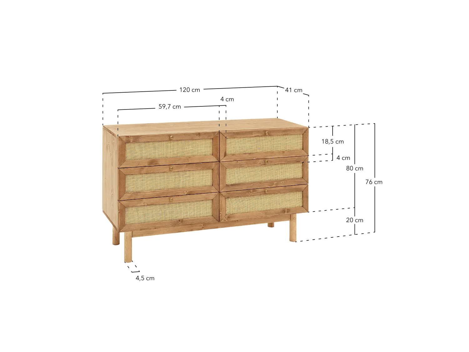 Commode en bois de sapin et raphia 6 tiroirs vieilli 76x120cm - FRIDA - DECOWOOD