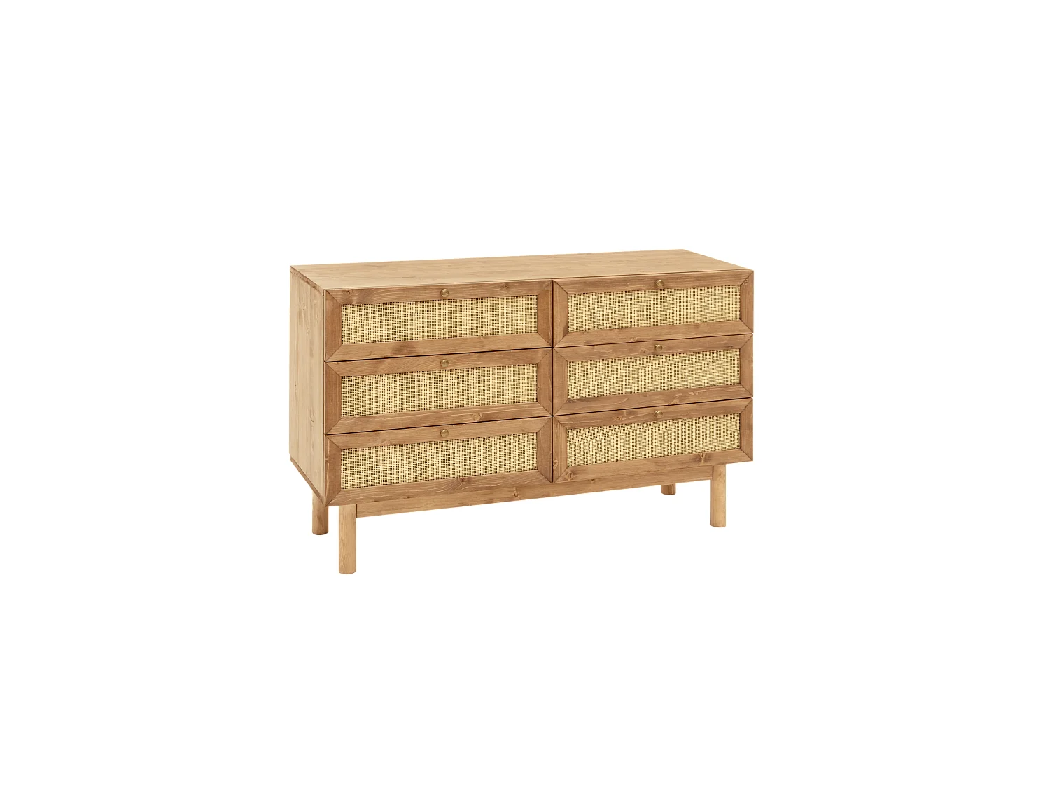 Cómoda de madera maciza y rafia con seis cajones en tono roble oscuro de 76x120cm - FRIDA - DECOWOOD