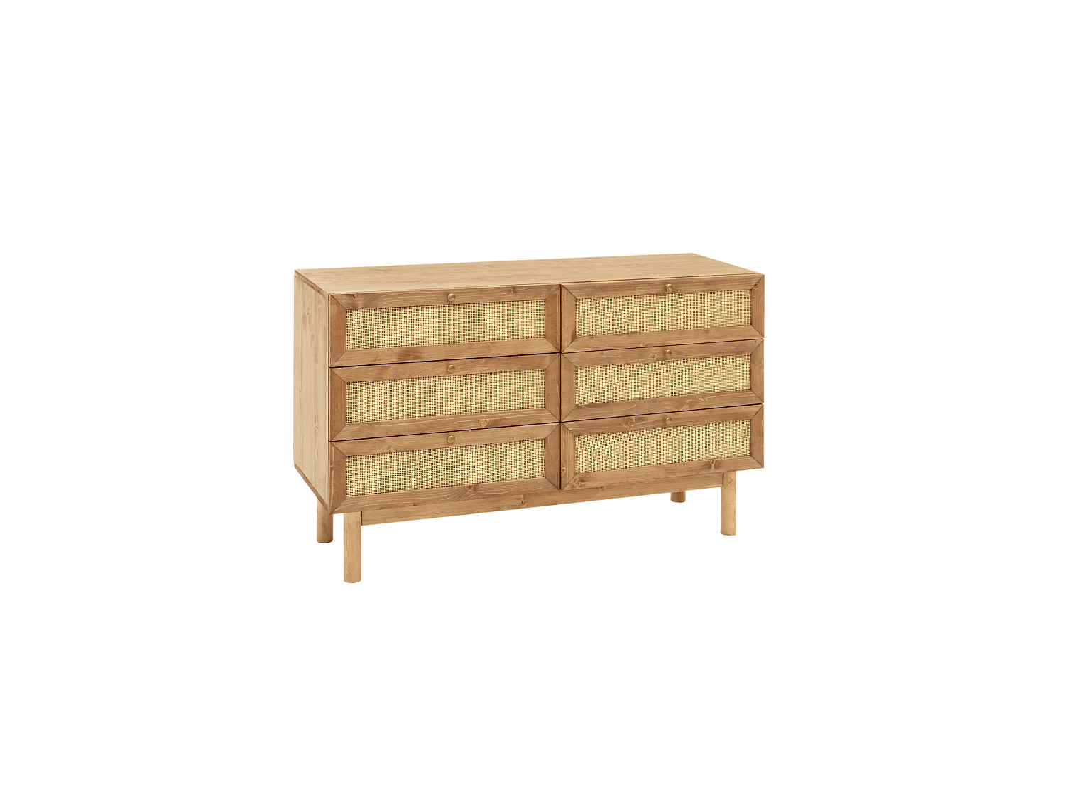 Cómoda de madera maciza y rafia con seis cajones en tono roble oscuro de 76x120cm - FRIDA - DECOWOOD