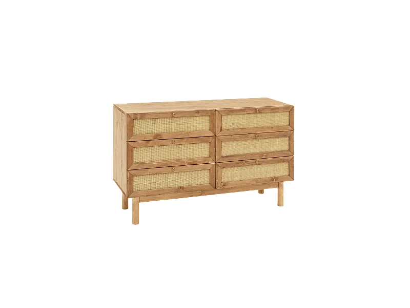 Cómoda de madera maciza y rafia con seis cajones en tono roble oscuro de 76x120cm - FRIDA - DECOWOOD