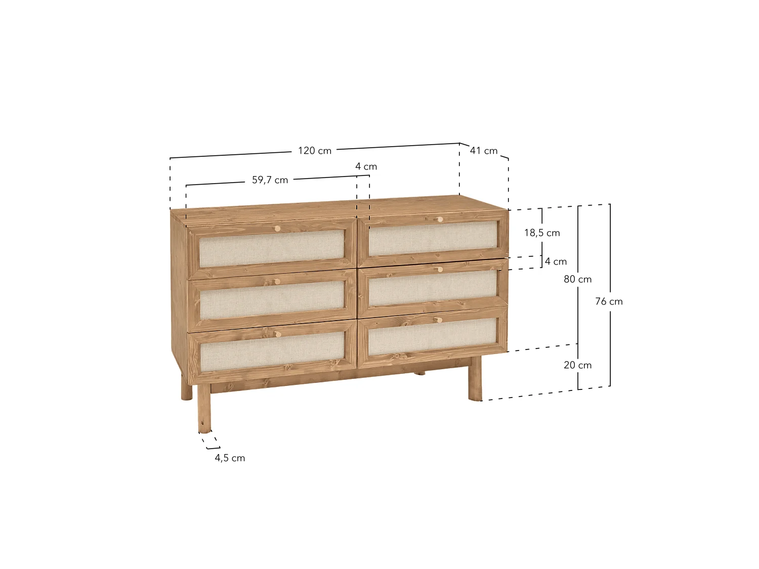 Commode en bois de sapin et lin à six tiroirs naturel, 76x120cm - LINEN - DECOWOOD