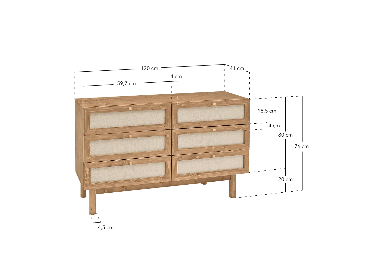 Commode en bois de sapin et lin à six tiroirs naturel, 76x120cm - LINEN - DECOWOOD