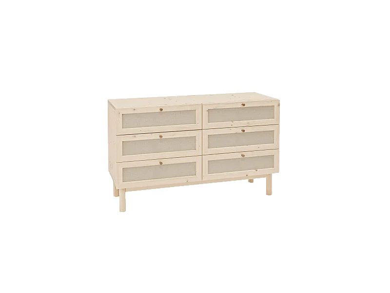 Commode en bois de sapin et lin à six tiroirs naturel, 76x120cm - LINEN - DECOWOOD