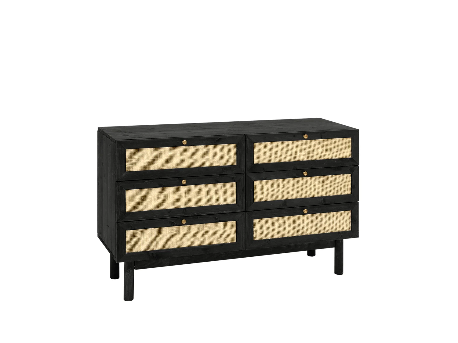 Commode en bois de sapin et raphia 6 tiroirs noir 76x120cm - FRIDA - DECOWOOD