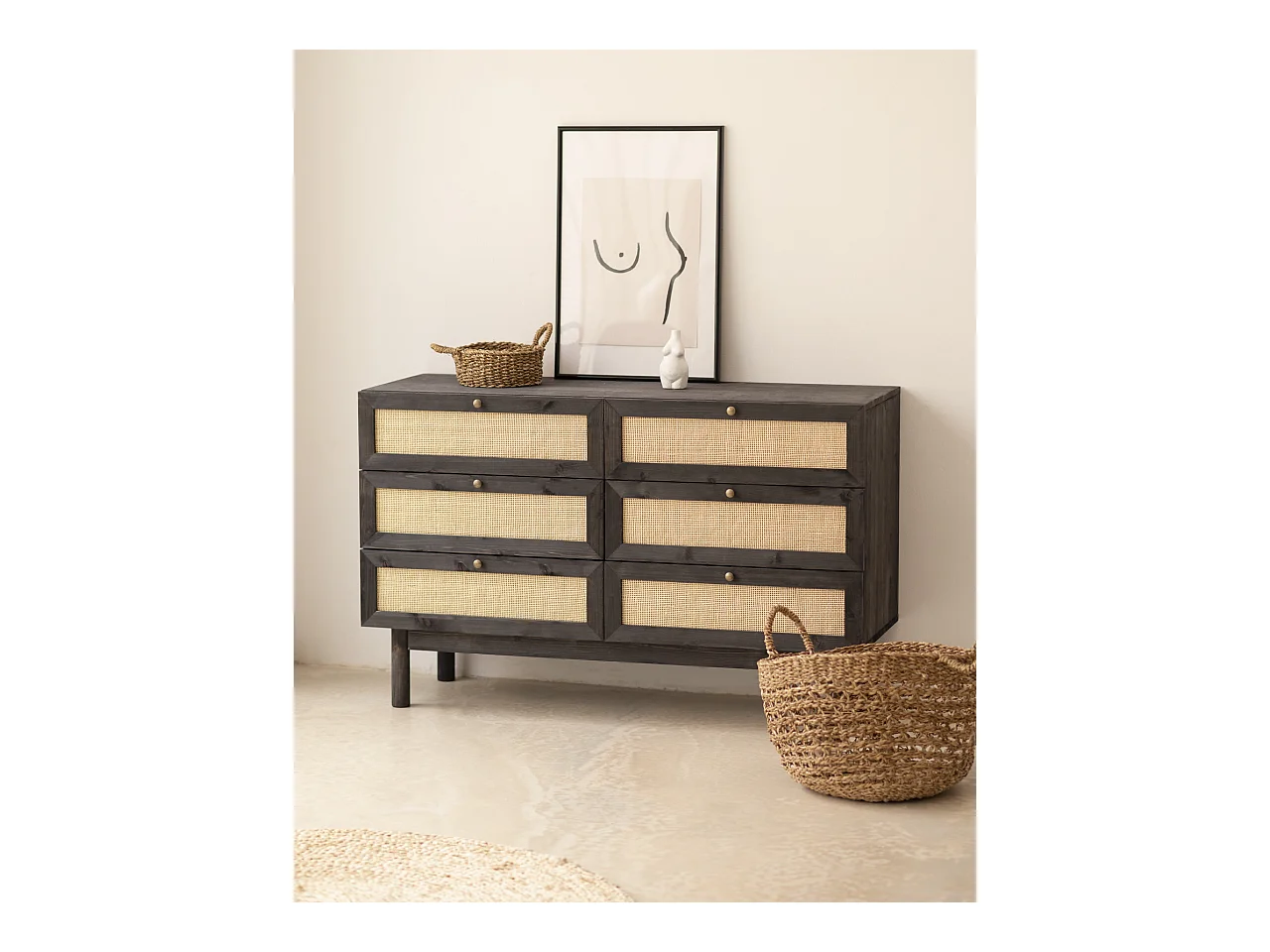 Commode en bois de sapin et raphia 6 tiroirs noir 76x120cm - FRIDA - DECOWOOD