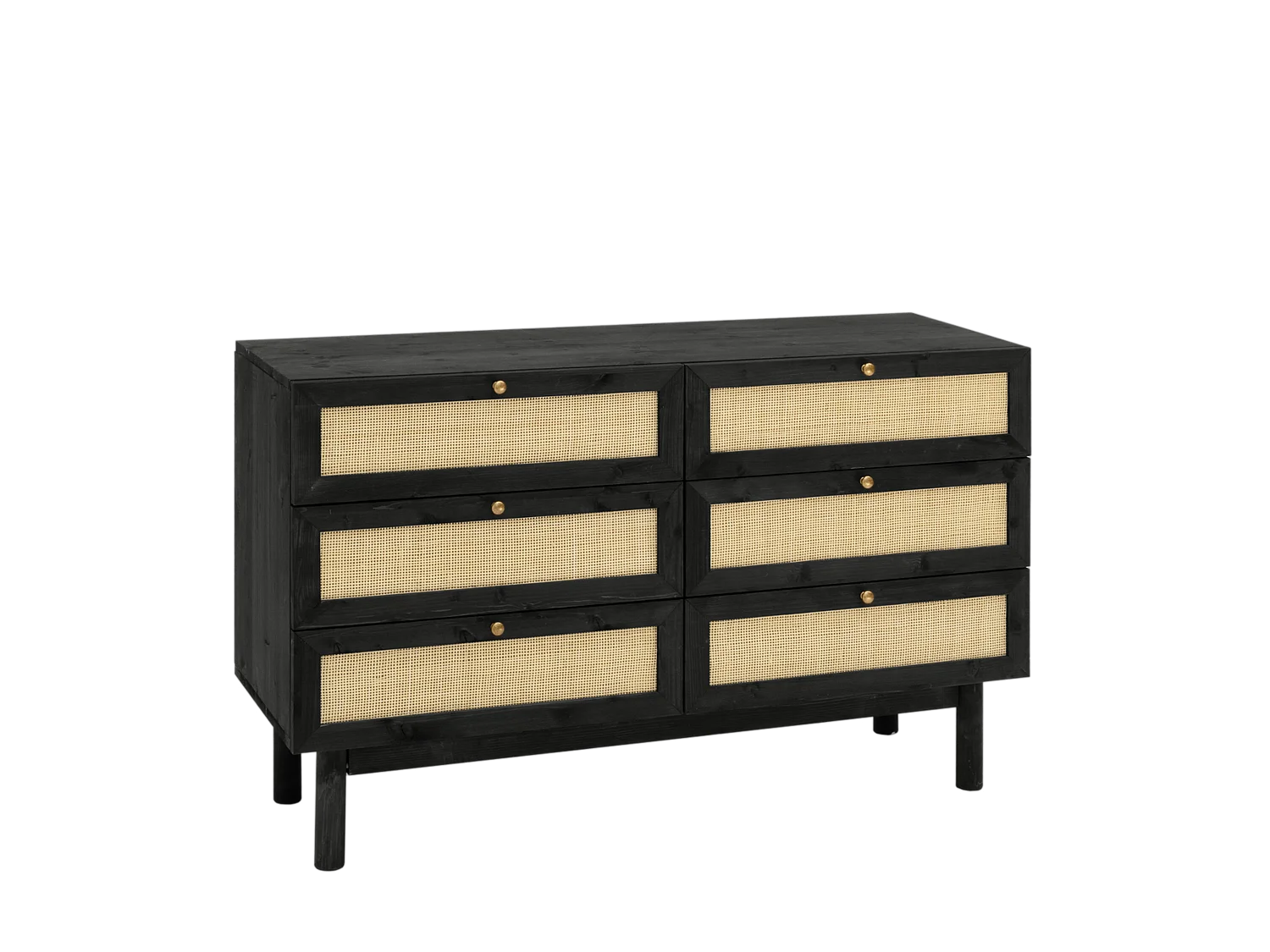 Commode en bois de sapin et raphia 6 tiroirs noir 76x120cm - FRIDA - DECOWOOD