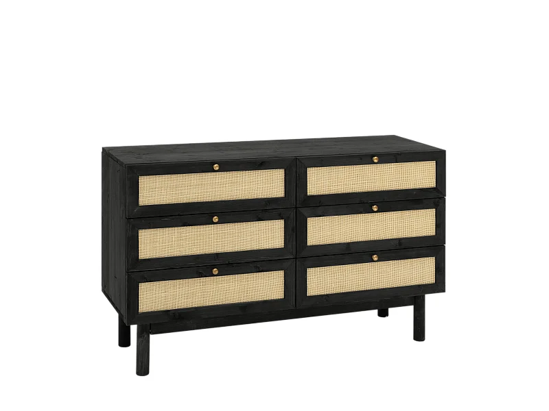 Commode en bois de sapin et raphia 6 tiroirs noir 76x120cm - FRIDA - DECOWOOD