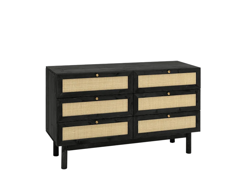 Commode en bois de sapin et raphia 6 tiroirs noir 76x120cm - FRIDA - DECOWOOD