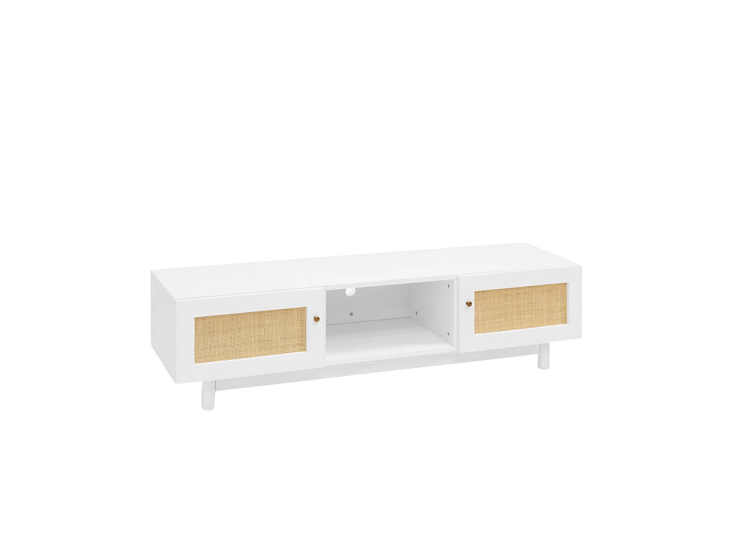 Meuble TV en bois de sapin et raphia avec 2 portes en blanc 150x40cm - FRIDA - DECOWOOD