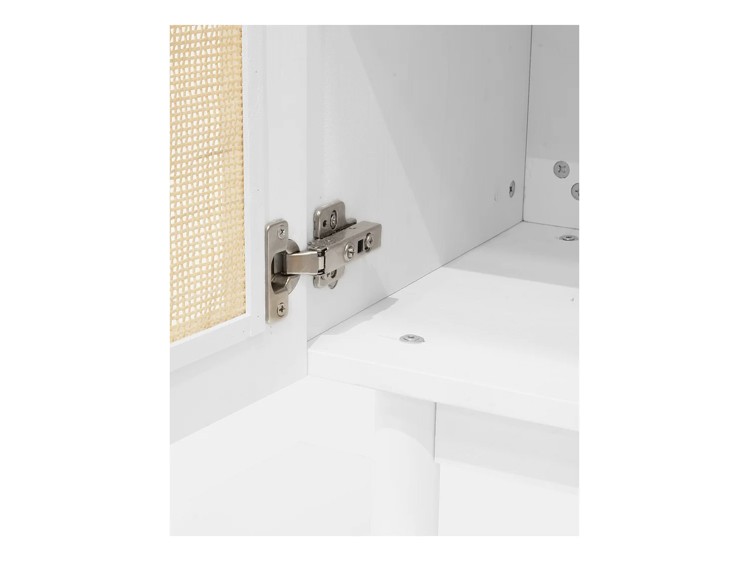 Meuble TV en bois de sapin et raphia avec 2 portes en blanc 150x40cm - FRIDA - DECOWOOD