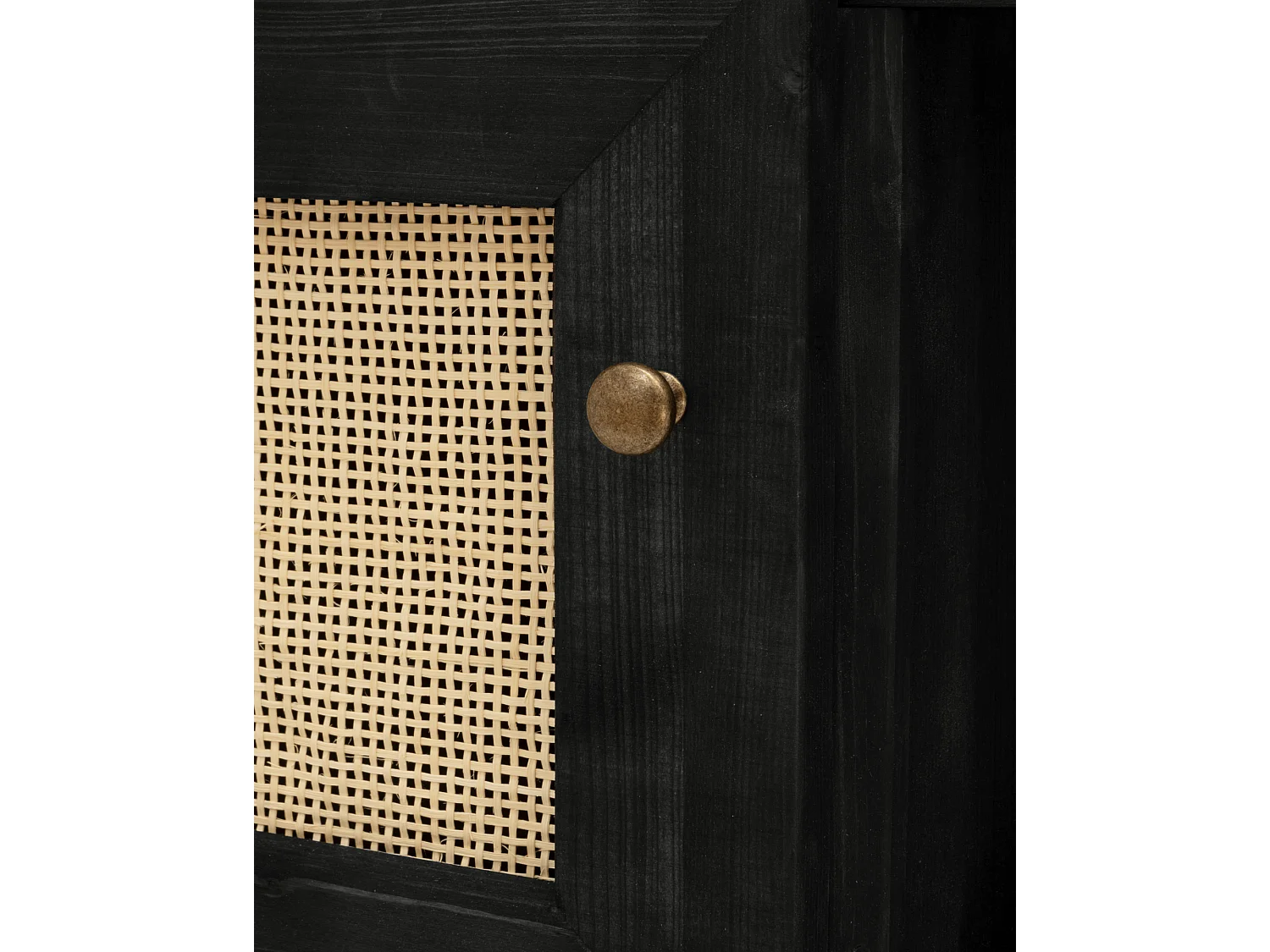 Meuble TV en bois de sapin et raphia avec 2 portes en noir 150x40cm - FRIDA - DECOWOOD