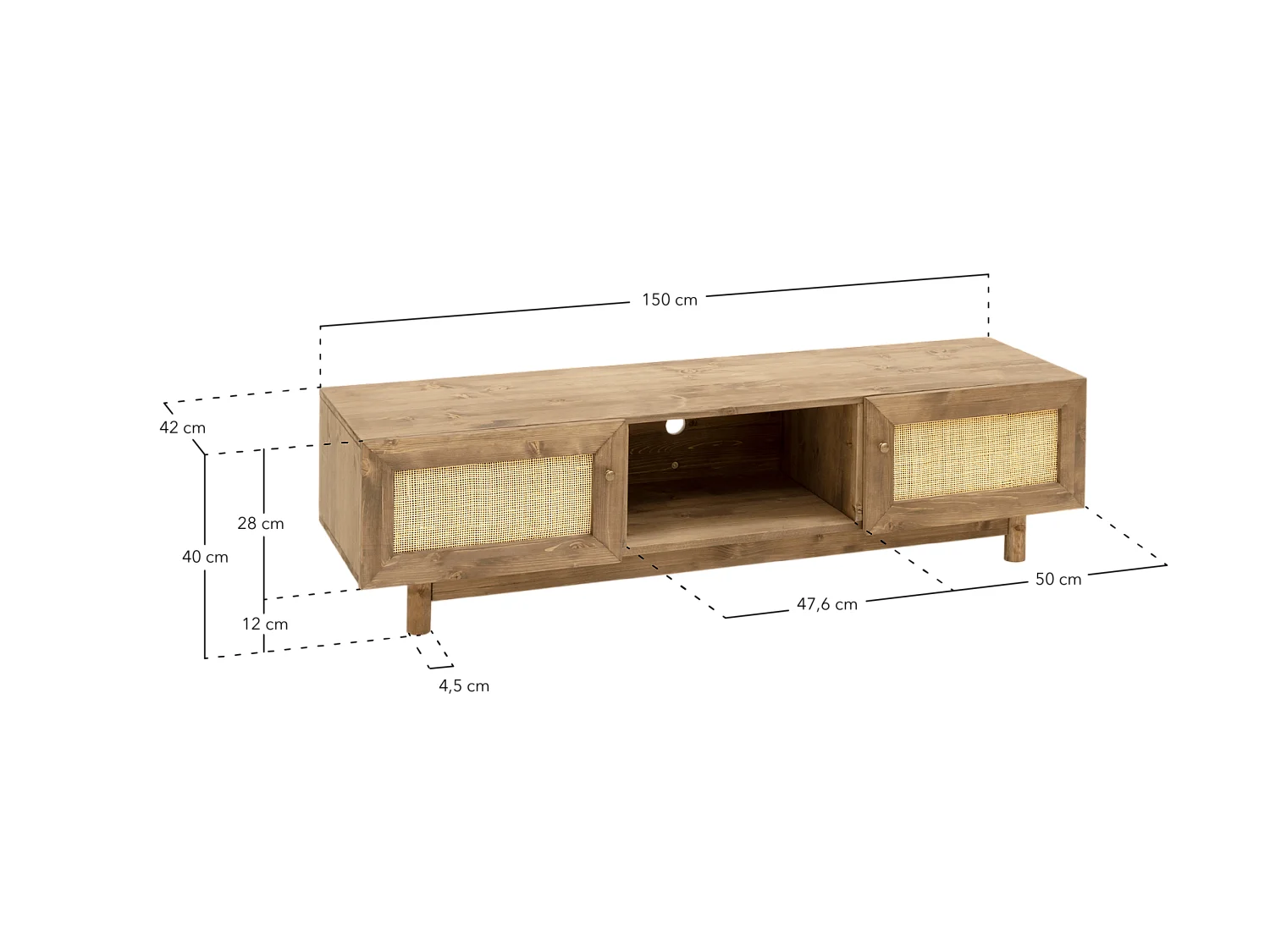 Meuble TV en bois de sapin et raphia 2 portes vieilli 150x40cm - FRIDA - DECOWOOD