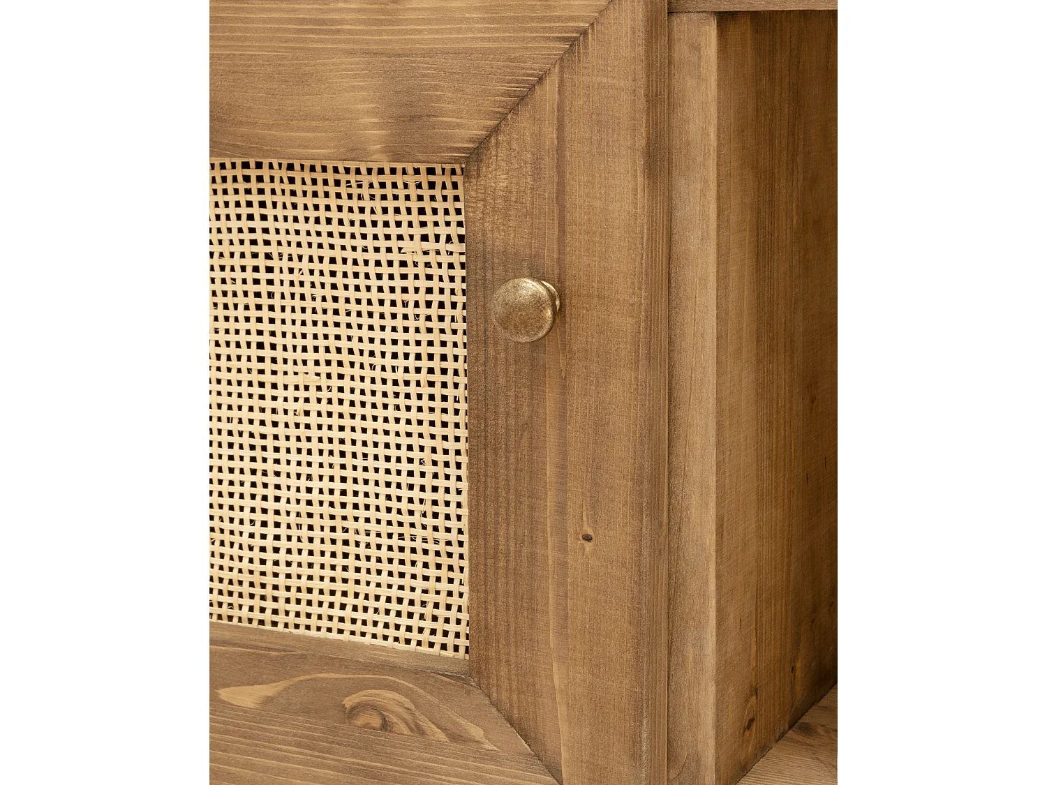 Meuble TV en bois de sapin et raphia 2 portes vieilli 150x40cm - FRIDA - DECOWOOD