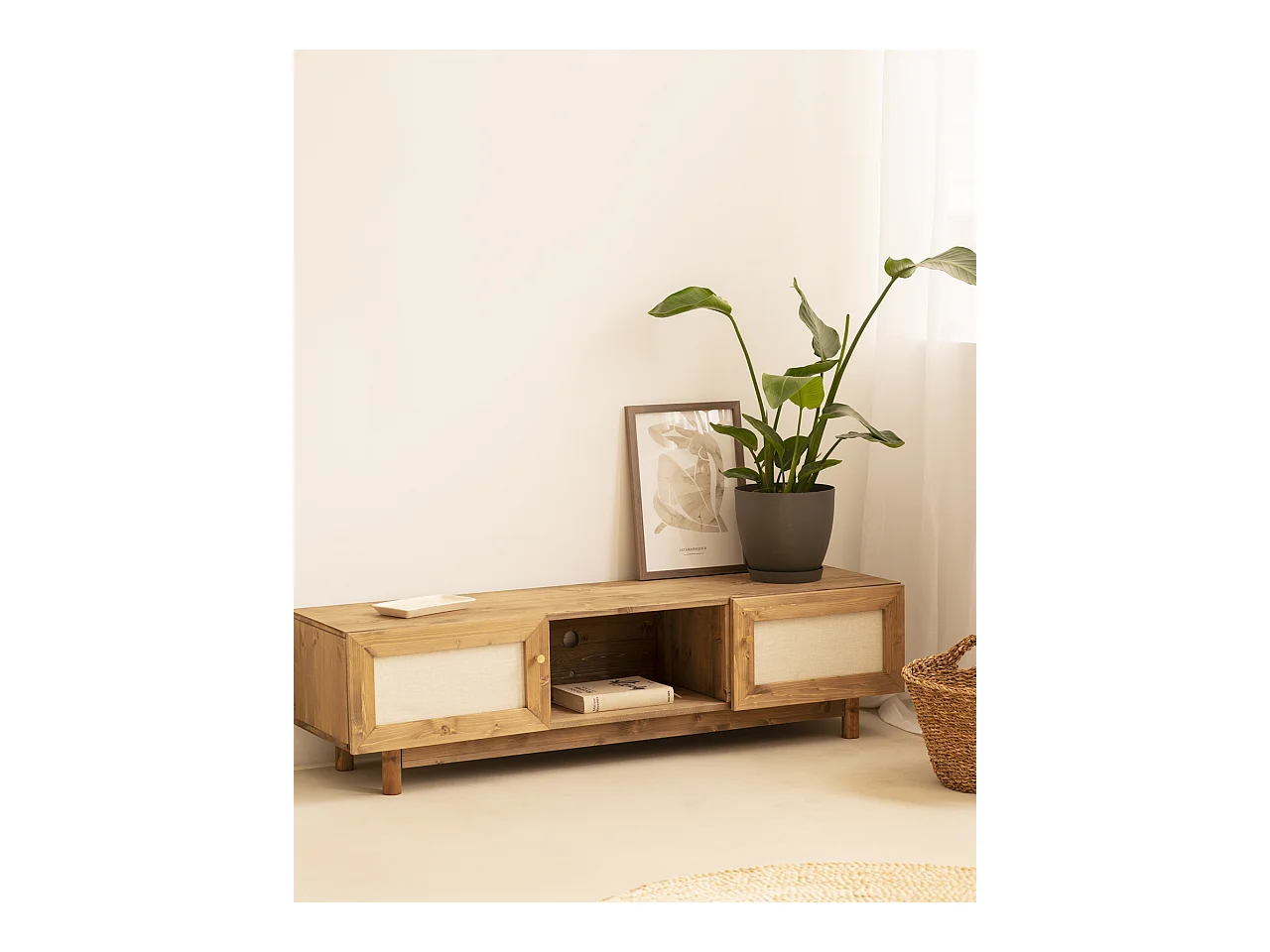 Meuble TV en bois de sapin vieilli 150x40cm - LINEN - DECOWOOD