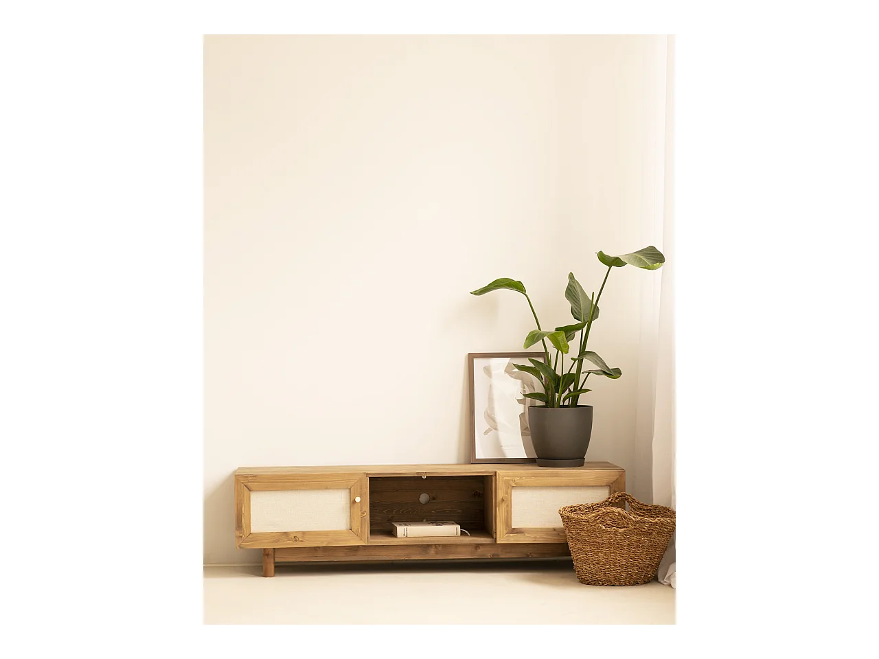 Meuble TV en bois de sapin vieilli 150x40cm - LINEN - DECOWOOD
