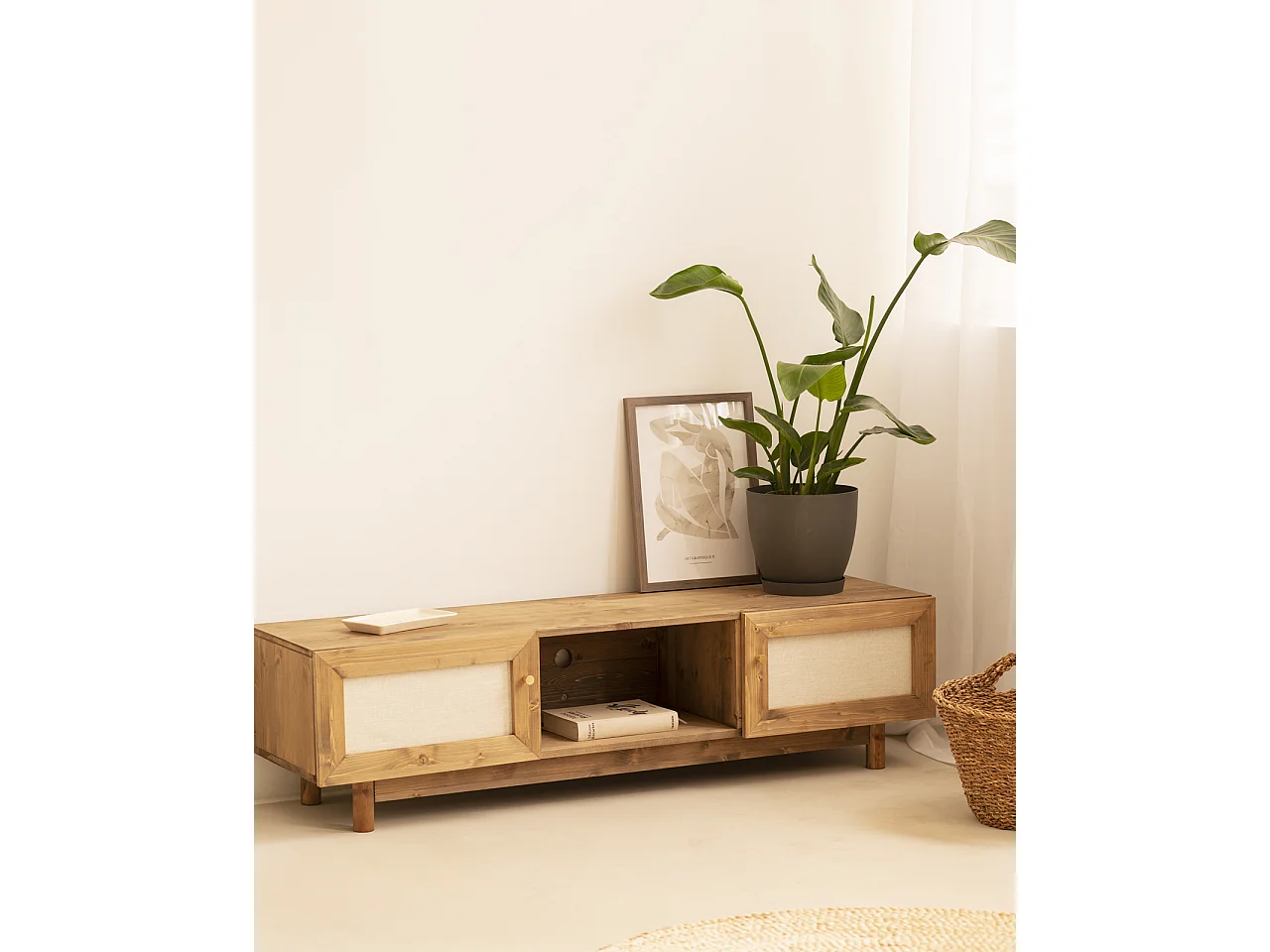 Meuble TV en bois de sapin vieilli 150x40cm - LINEN - DECOWOOD