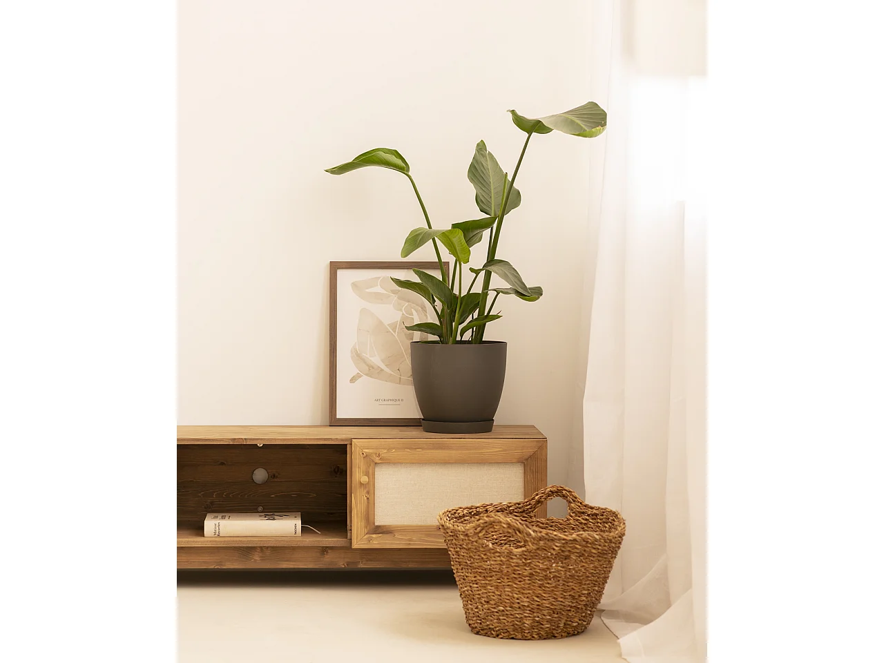 Meuble TV en bois de sapin vieilli 150x40cm - LINEN - DECOWOOD