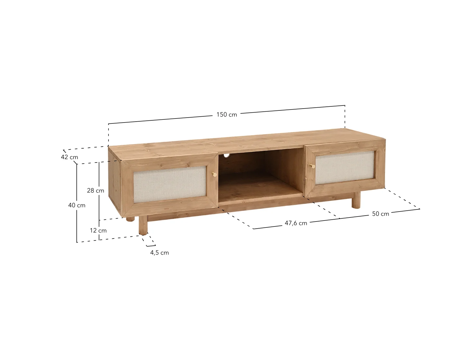 Meuble TV en bois de sapin blanc 150x40cm - LINEN - DECOWOOD