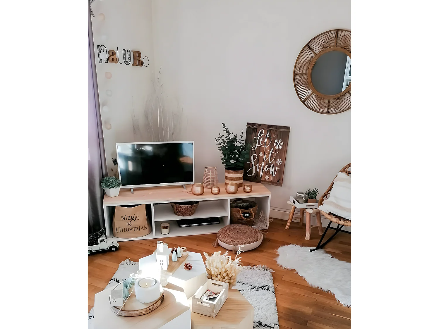 Meuble en bois de pin couleur blanc et naturel 160x40cm - HERA - DECOWOOD