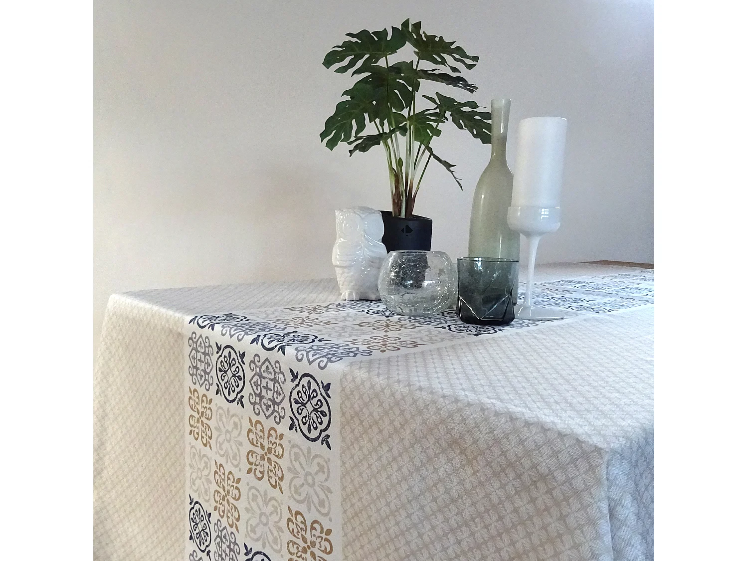 Nappe rectangle 150x200 cm imprimée 100% polyester CARO grège beige