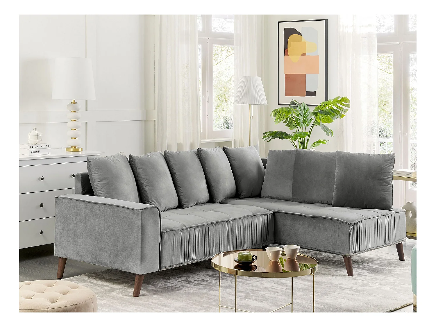 3-Sitzer Ecksofa mit vielen Kissen Samt grau linksseitig Glamour Modern Grena
