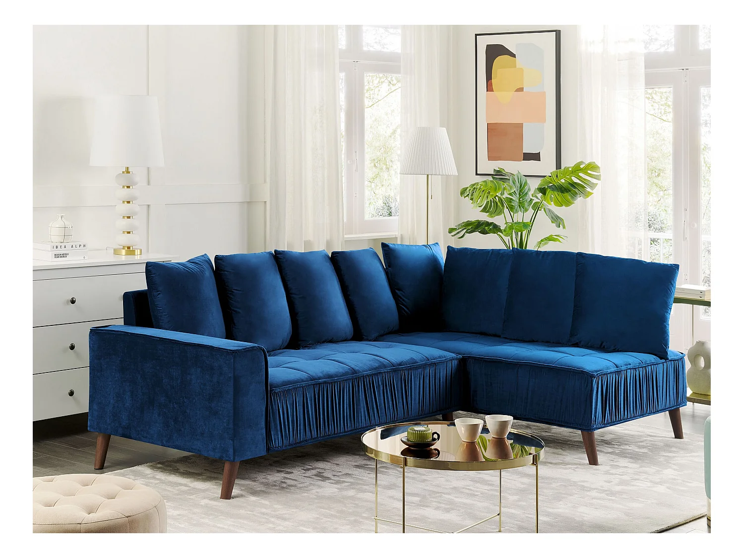 3-Sitzer Ecksofa mit vielen Kissen Samt blau linksseitig Glamour Modern Grena