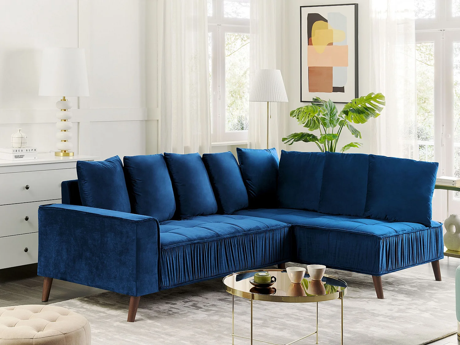 3-Sitzer Ecksofa mit vielen Kissen Samt blau linksseitig Glamour Modern Grena