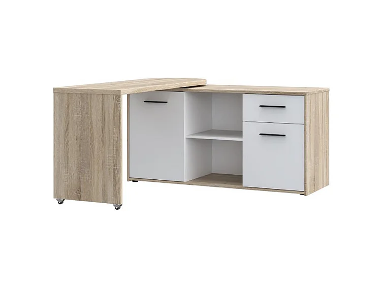 Bureau d'angle rotatif 144 cm à 232 cm décor bois et blanc - ALKIRA