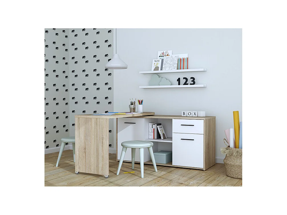 Bureau d'angle rotatif 144 cm à 232 cm décor bois et blanc - ALKIRA