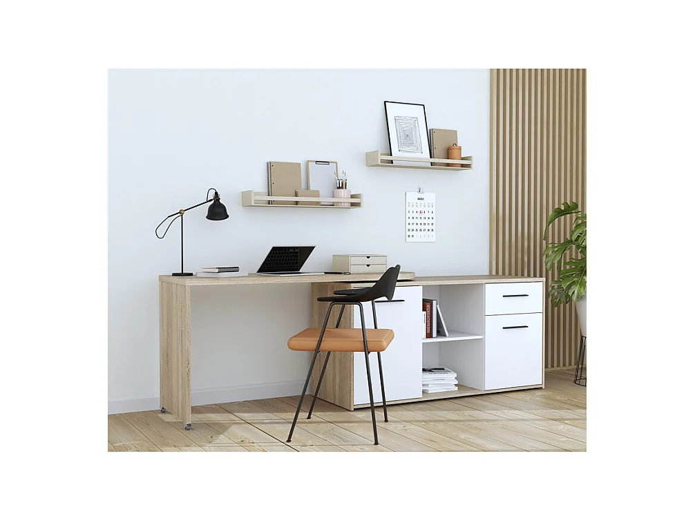 Bureau d'angle rotatif 144 cm à 232 cm décor bois et blanc - ALKIRA