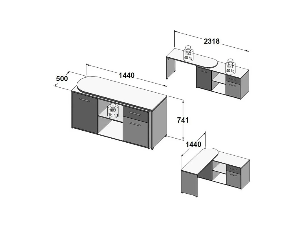 Bureau d'angle rotatif 144 cm à 232 cm décor bois et blanc - ALKIRA