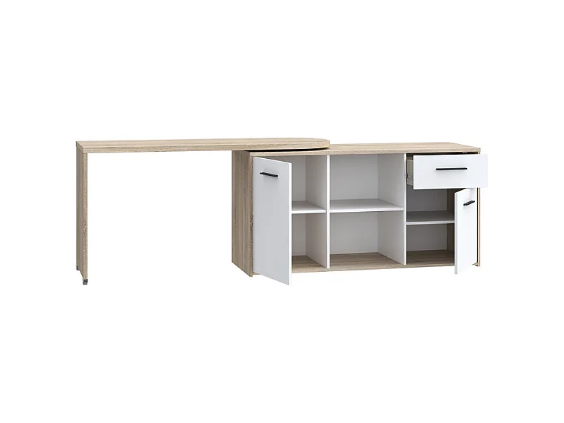 Bureau d'angle rotatif 144 cm à 232 cm décor bois et blanc - ALKIRA