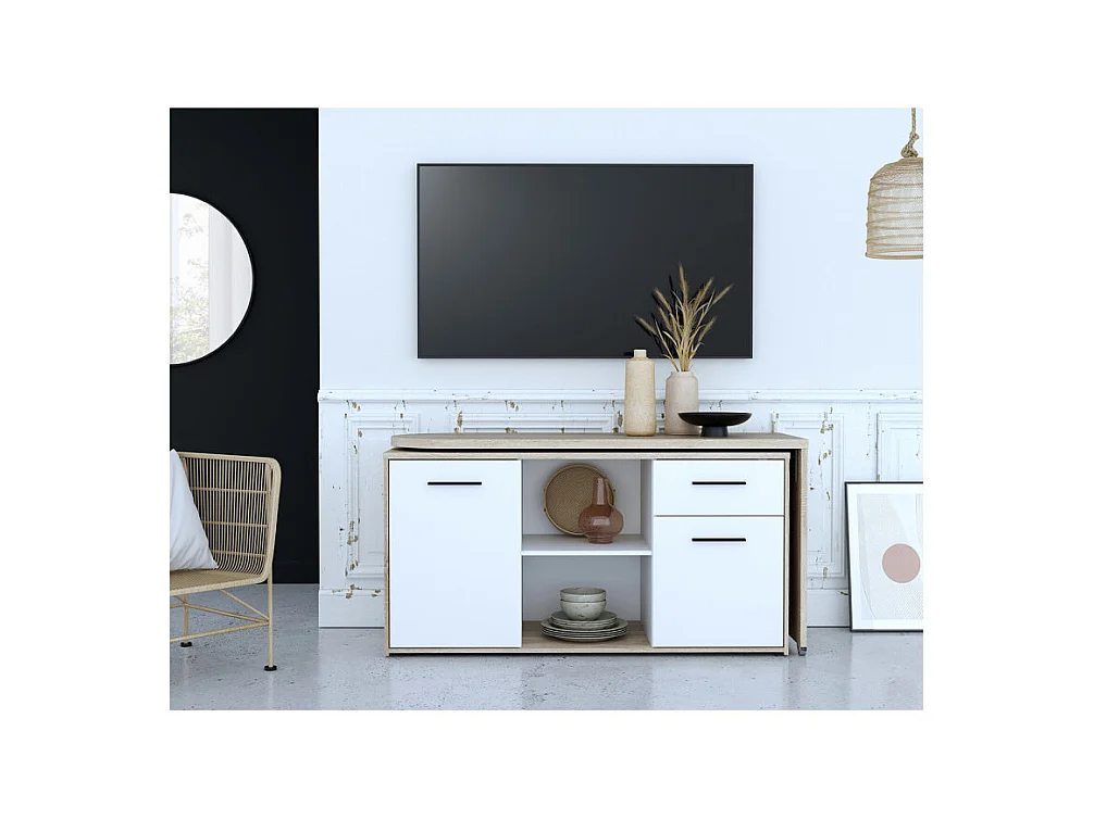 Bureau d'angle rotatif 144 cm à 232 cm décor bois et blanc - ALKIRA