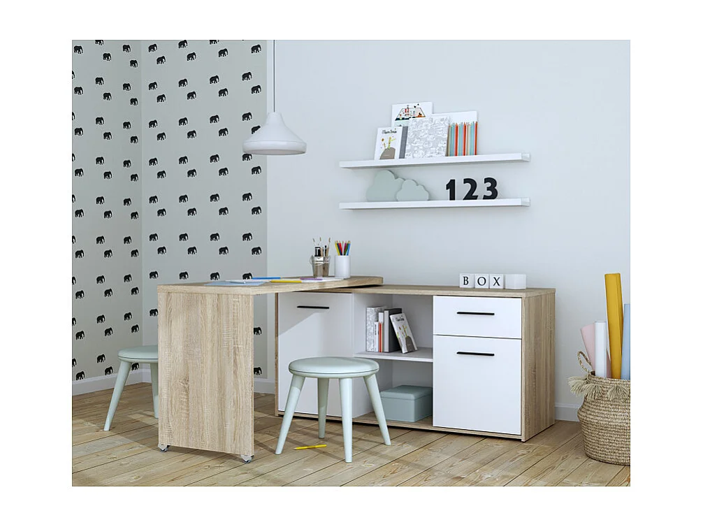 Bureau d'angle rotatif 144 cm à 232 cm décor bois et blanc - ALKIRA