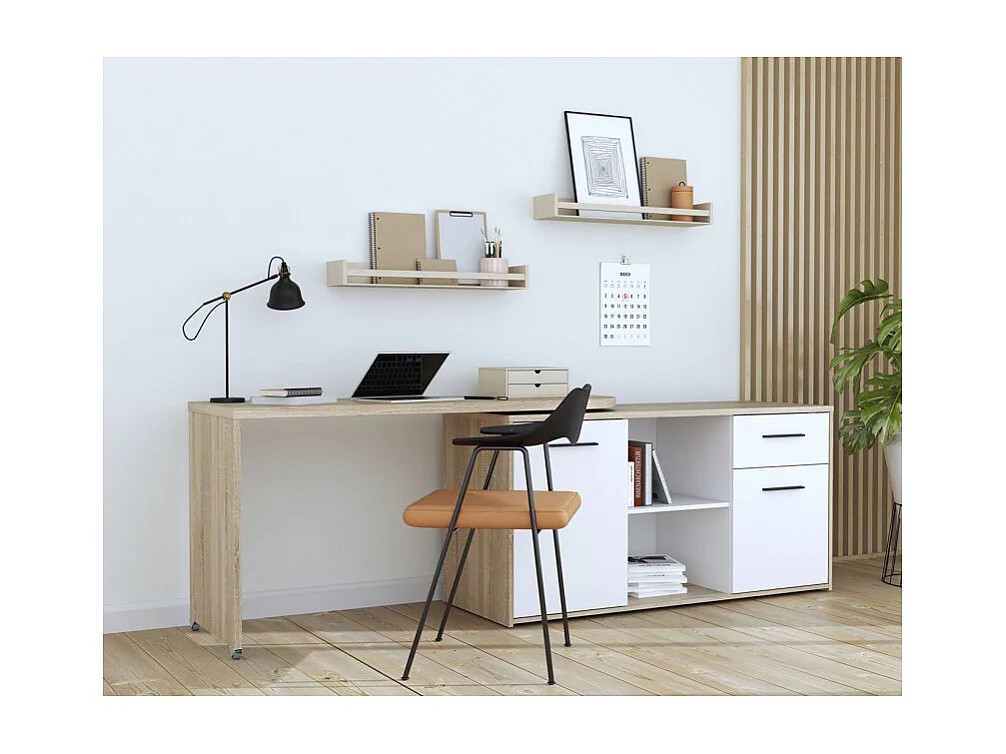 Bureau d'angle rotatif 144 cm à 232 cm décor bois et blanc - ALKIRA
