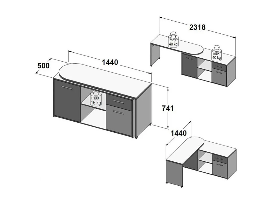 Bureau d'angle rotatif 144 cm à 232 cm décor bois et blanc - ALKIRA